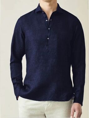 Luca Faloni Blue Linen Long Sleeve Popover Shirt – Made in Italy